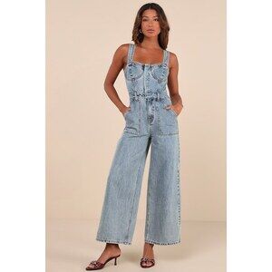 Lulus Confirmed Trendsetter Light Wash Denim Bustier Jumpsuit Blue - Size S